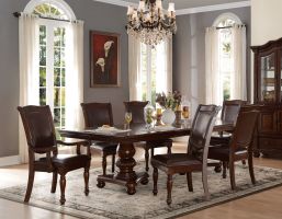Traditional Style Dining Room Table w Leaf 2x Armchairs and 4x Side Chairs Dining 7pc Set Brown Cherry Finish Upholstered Seat Wooden Furniture